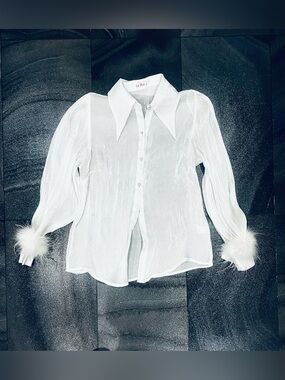 La'Ros semi-sheer white button-down blouse pearl buttons feather-trimmed cuffs